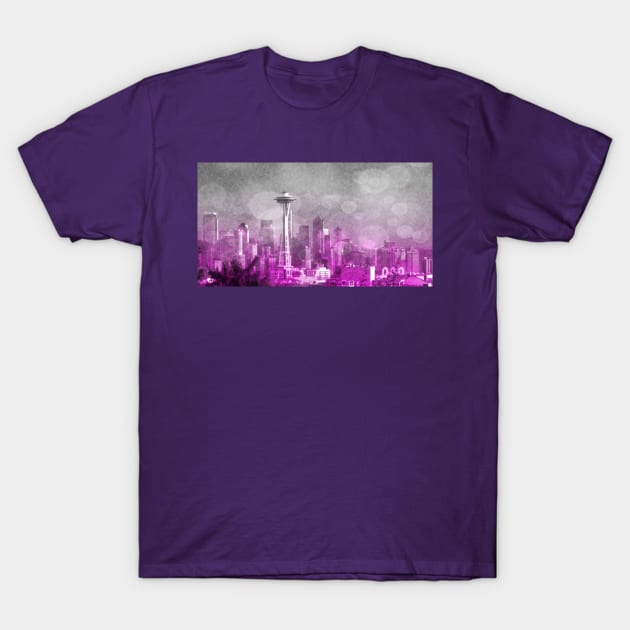 Pink and Grey Bokeh Seattle Skyline T-Shirt by Christine aka stine1